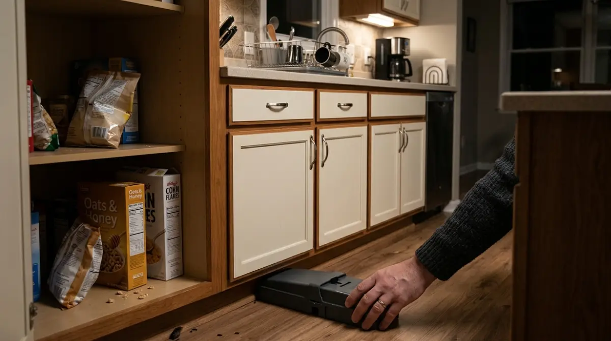 Homeowner placing a mouse trap along a kitchen wall near signs of mouse activity