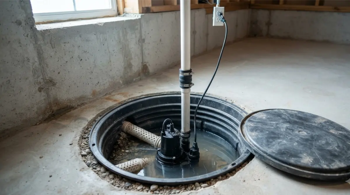 Best Sump pit example showing an open basement sump basin with exposed pump, standing water, and drain tile connections.