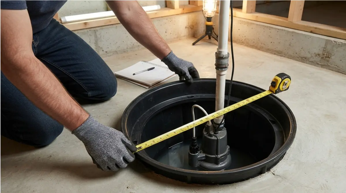 Best Sump cover sizing guide with a homeowner measuring the outside diameter of a round basement sump basin.