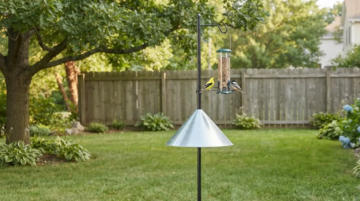 A Bird Feeder Attracting Rats Is a Common, Fixable Problem — properly positioned bird feeder on a smooth pole away from branches and fences