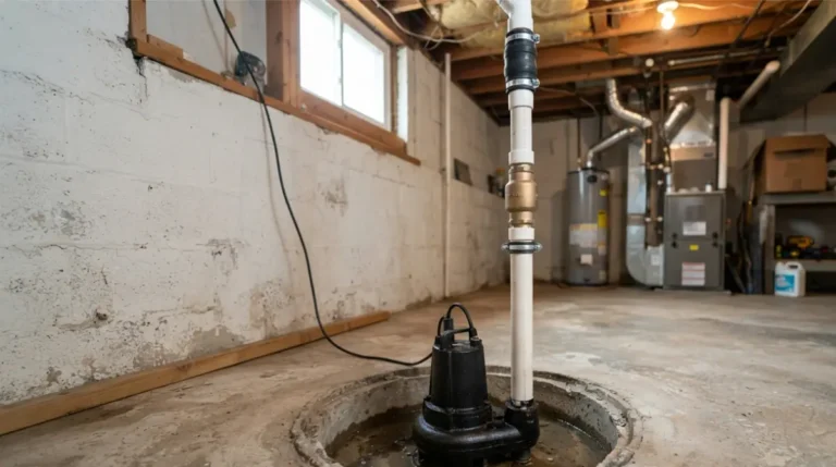 Sump Pump cast-iron submersible unit installed inside a residential basement basin