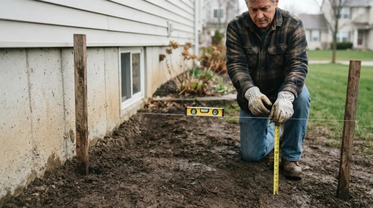 Homeowner checking foundation grading slope with stakes, string, and line level in clay soil