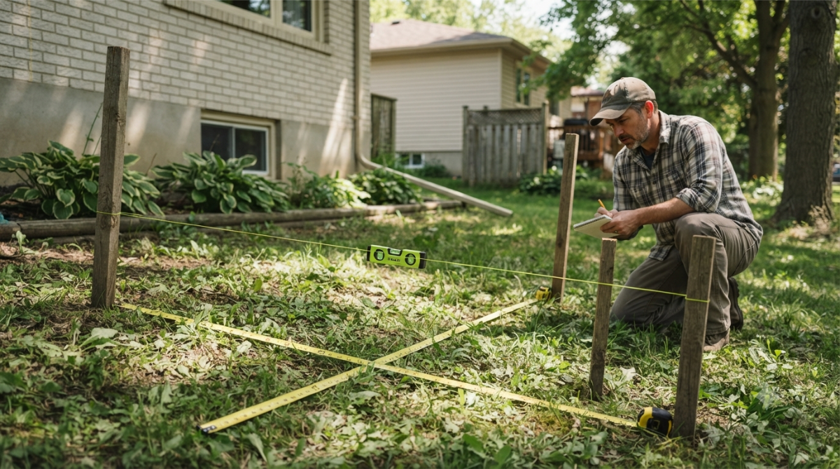 Homeowner measuring yard slope with string, stakes, and line level next to house foundation
