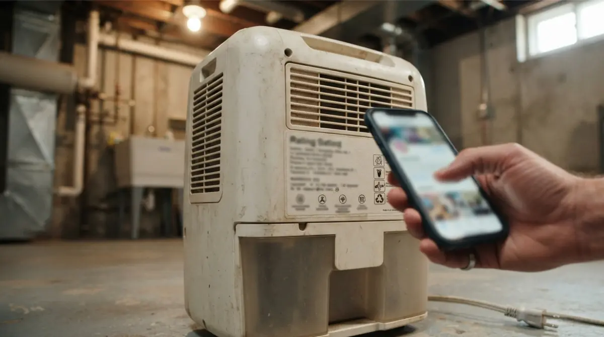 Homeowner checking a Dehumidifier model number and date code on the rear rating label