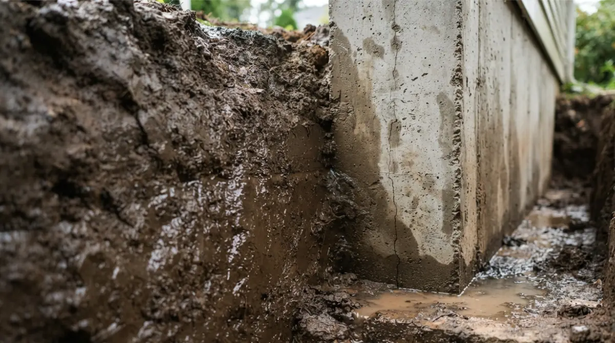 Wet clay soil pressing water against a concrete foundation wall