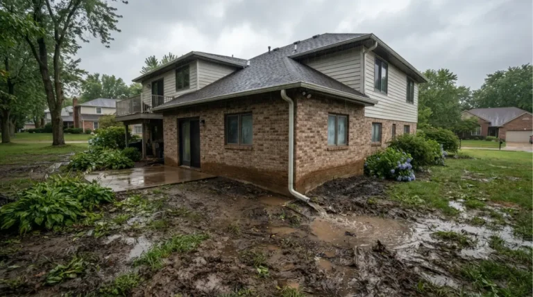 Wet basement and muddy clay soil around a suburban home after a rainstorm