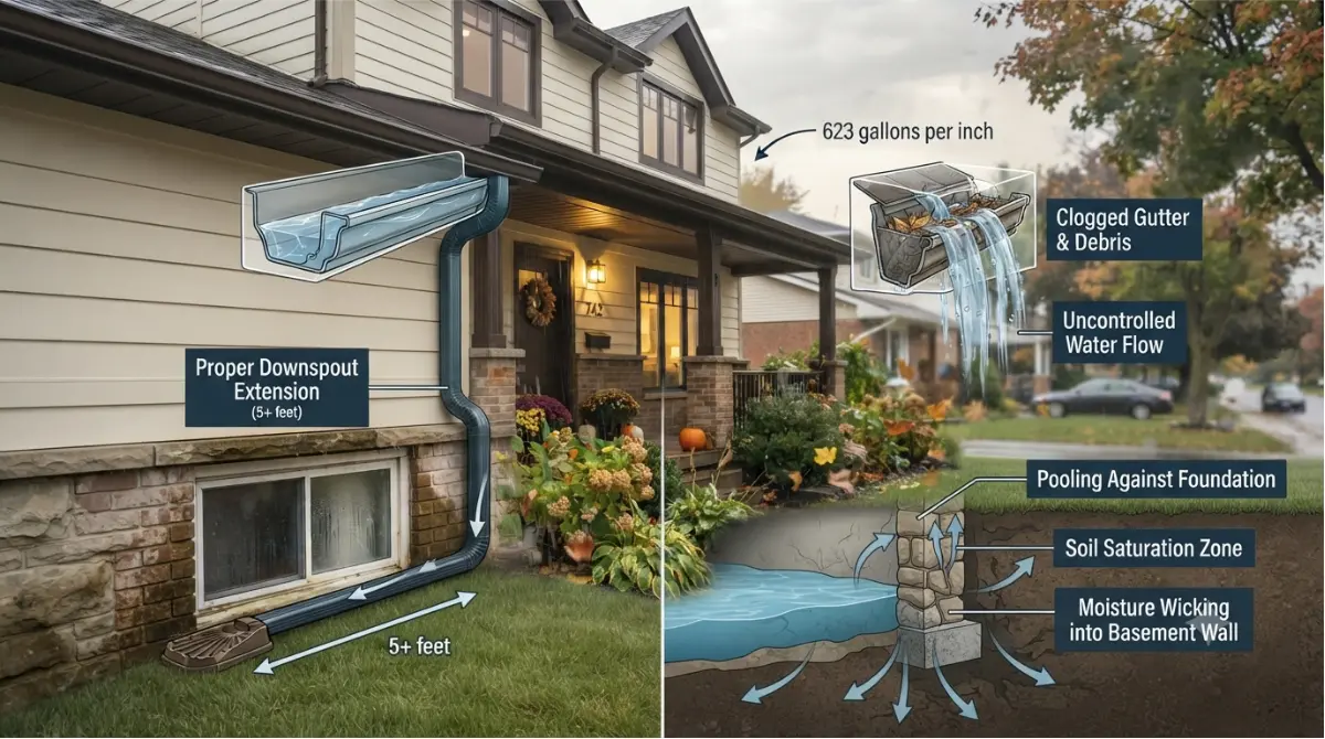 Diagram showing how clogged gutters overflow and saturate soil next to basement foundation