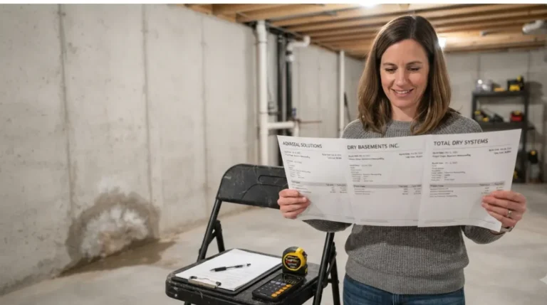 Homeowner comparing three basement Waterproofing Quotes in an unfinished basement