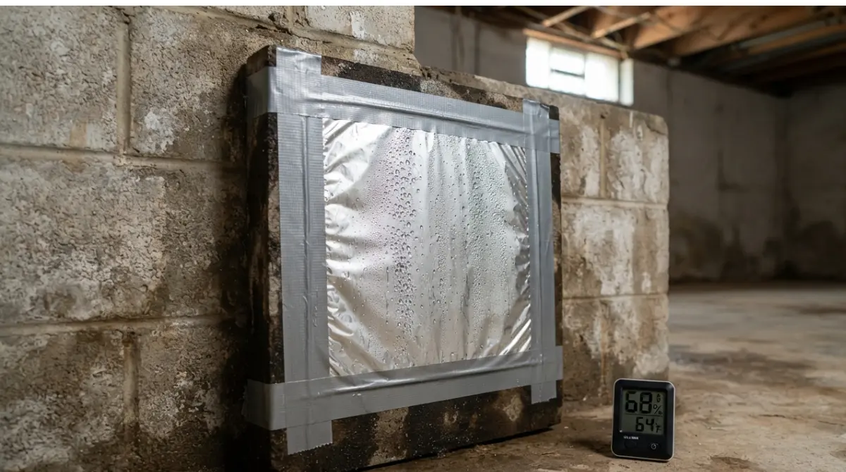 Damp basement diagnosis using aluminum foil tape test to identify condensation versus seepage moisture source