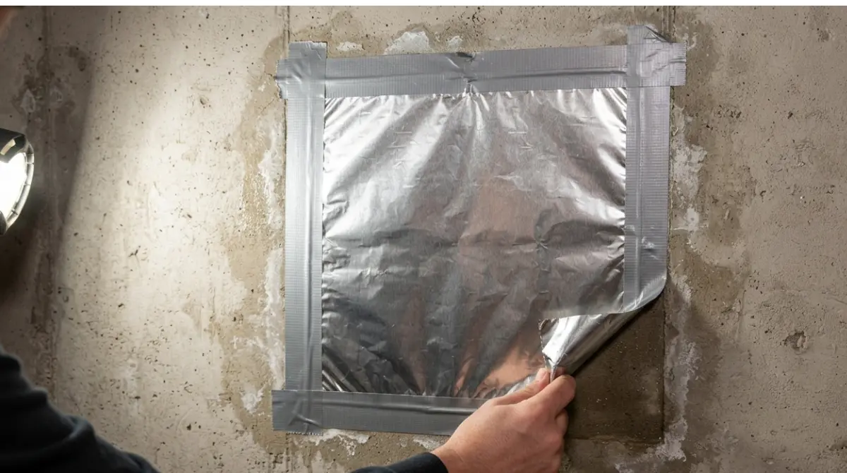 Aluminum foil test on basement wall used before comparing Waterproofing Quotes