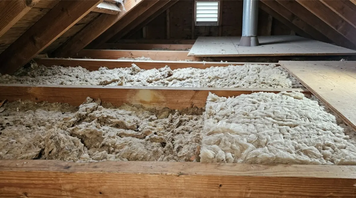 The Overlooked Rule on Attic Insulation Replacement After Rodents - contaminated and clean attic insulation beside exposed wooden framing