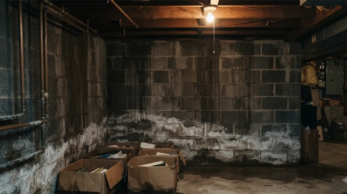 Damp basement in rental unit showing water stains and moisture damage on concrete foundation walls