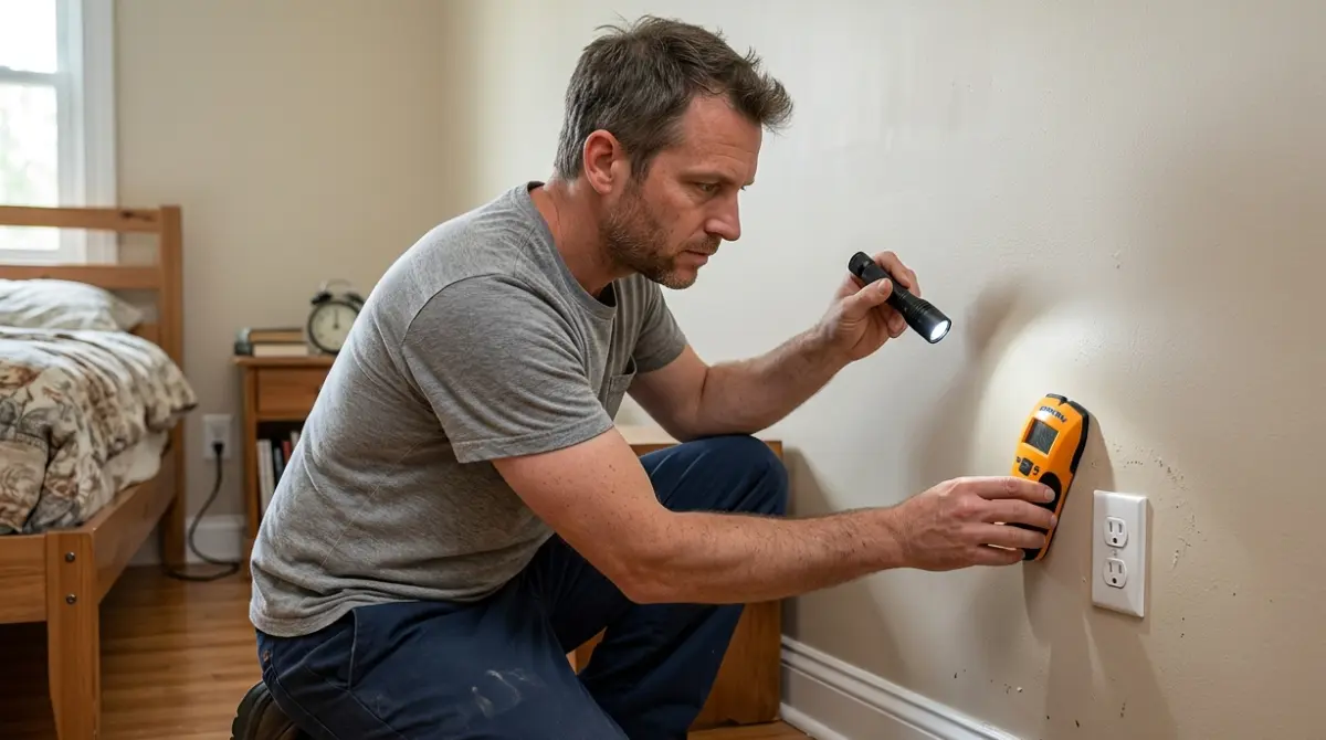 dead mouse smell being investigated near a wall outlet with a stud finder and mouse droppings