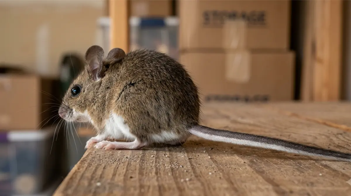 Deer Mouse with a clearly visible bicolored tail showing dark upper side and white underside