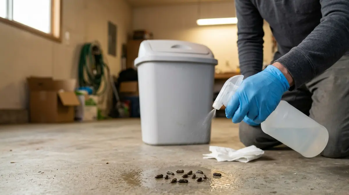 Deer Mouse droppings being safely wet-cleaned with disinfectant while wearing protective gloves