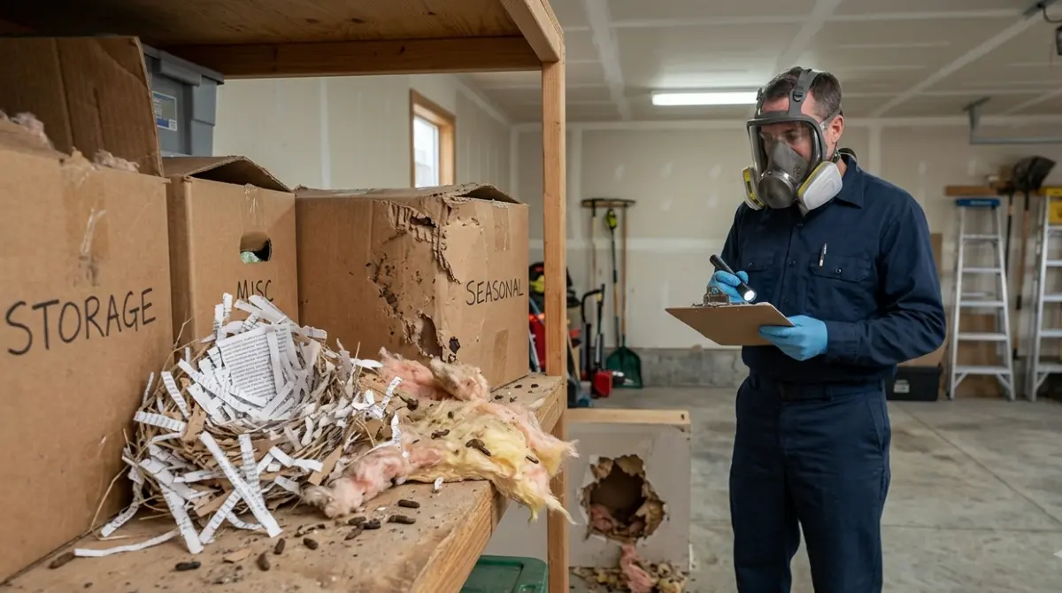 Deer Mouse infestation signs in a contaminated storage area being assessed by a pest control professional