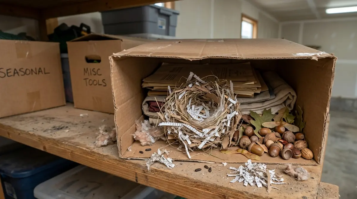 Deer Mouse nest made from shredded material with cached seeds, acorns, and nuts in a storage box