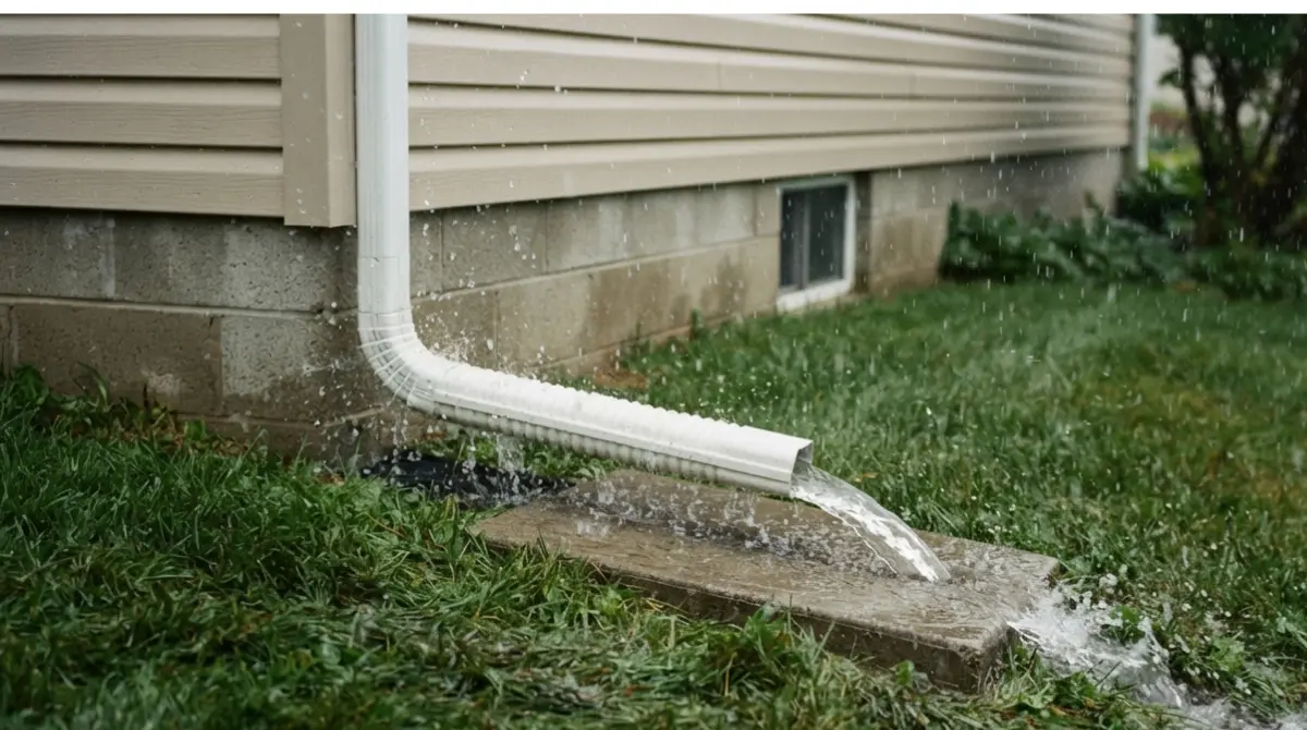 Downspout discharging rainwater away from foundation as part of an effective Basement Maintenance checklist