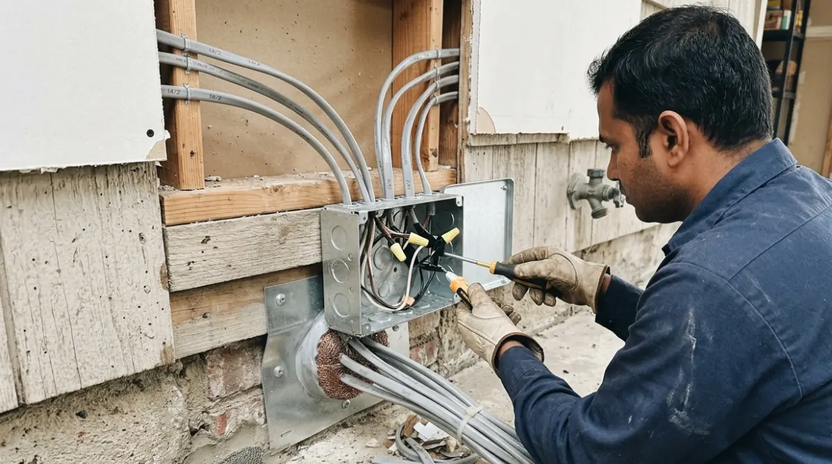 Rodent-damaged electrical wiring being inspected by a professional electrician inside an accessible junction box