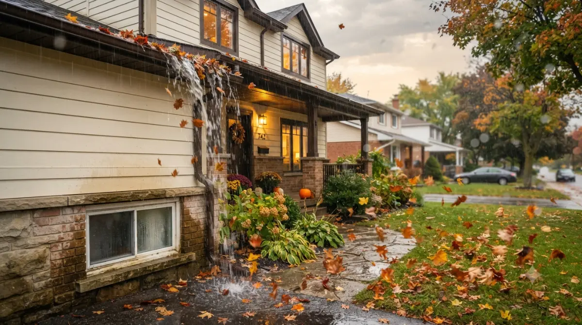 Overflowing gutters on a fall day directing rainwater toward a damp basement foundation