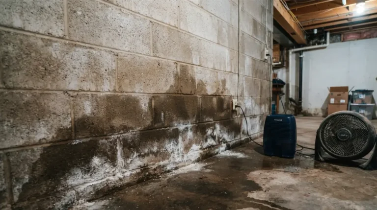 Wet basement wall showing moisture stains near the foundation after heavy rain