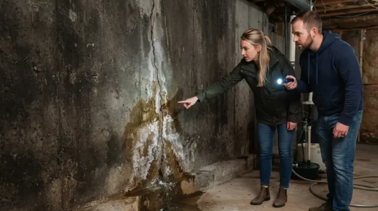Homebuyer inspecting a wet basement with visible water stains and efflorescence on foundation walls