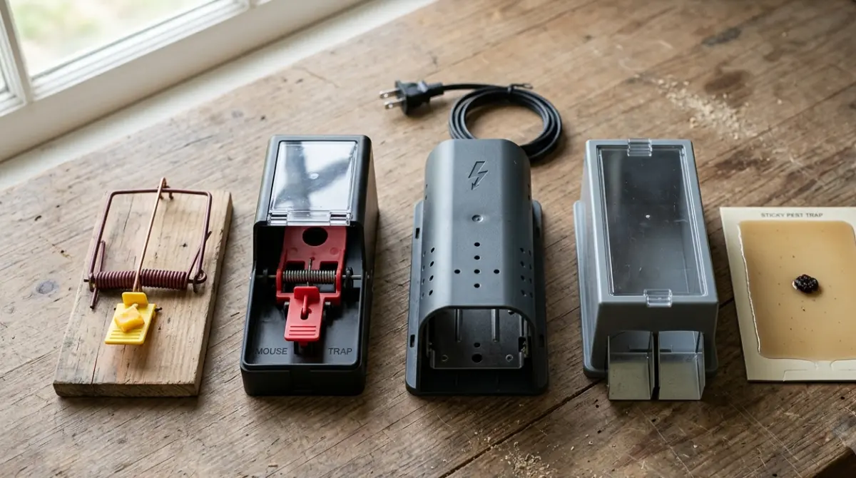 Five mouse trap types including snap electric live catch and glue traps
