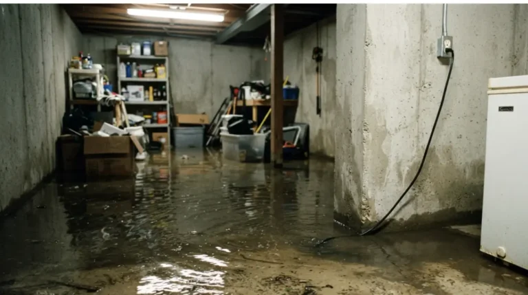Flooded basement with standing water near electrical outlets, showing water basement safety hazards after heavy rain.