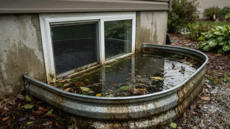 Flooded window well with standing water next to a basement window