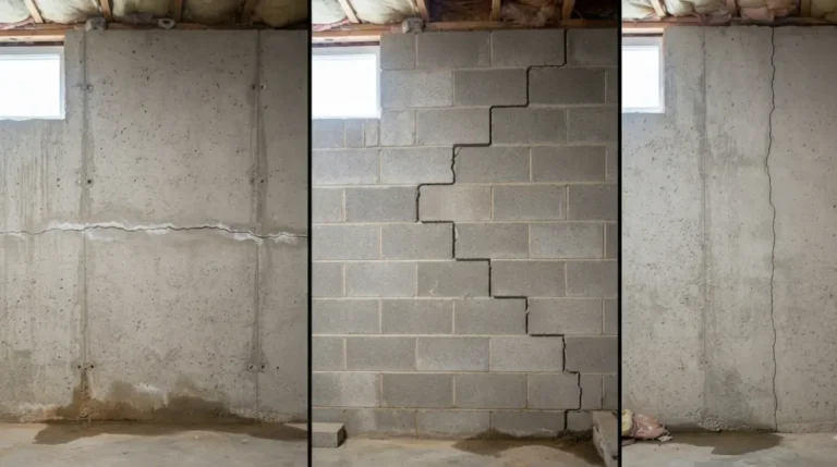 Three foundation cracks types side by side: horizontal foundation cracks, stair-step foundation cracks following mortar joints, and vertical foundation cracks in basement wall