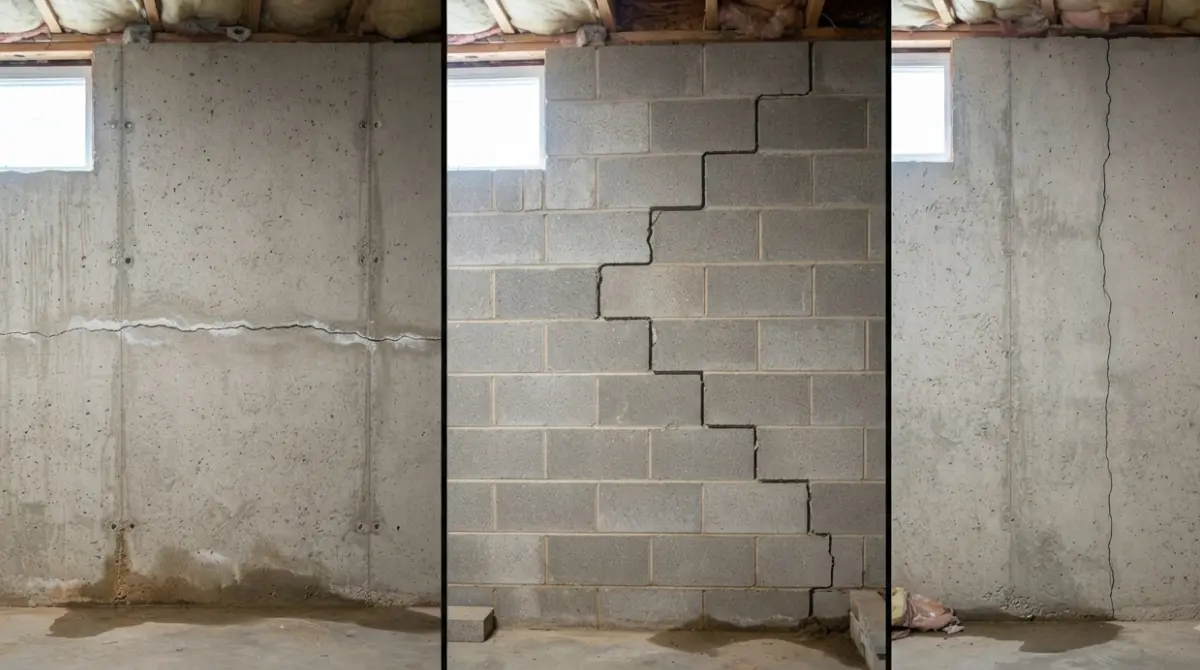 Three foundation cracks types side by side: horizontal foundation cracks, stair-step foundation cracks following mortar joints, and vertical foundation cracks in basement wall