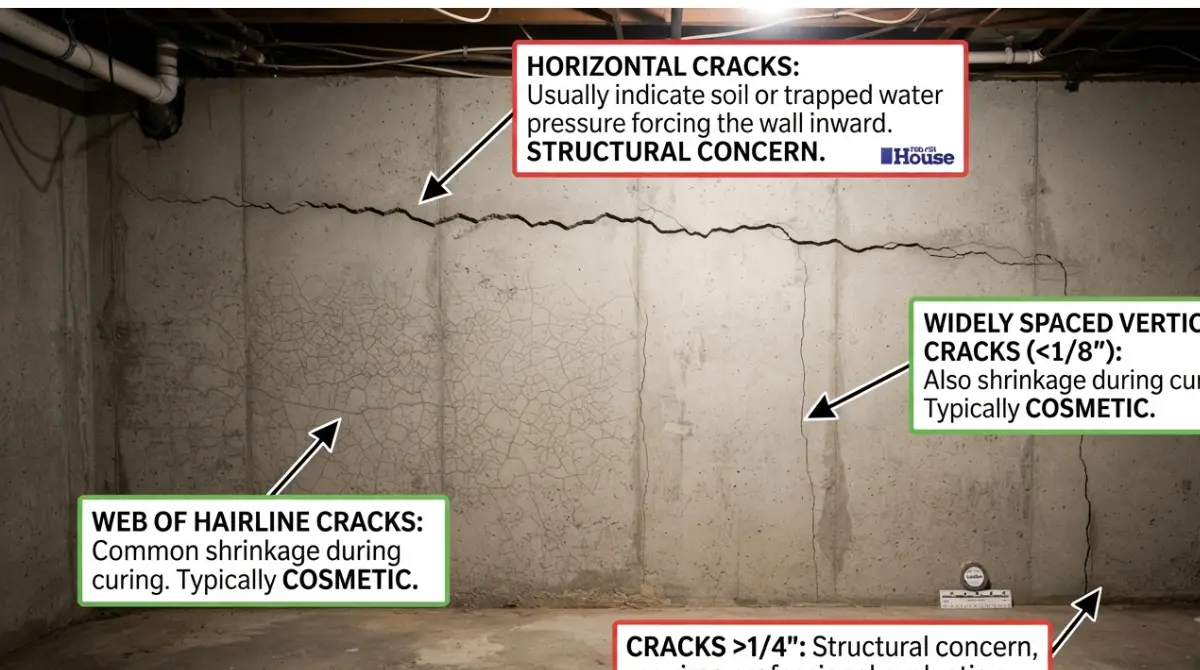 Basement wall showing horizontal and vertical foundation cracks with a tape measure for scale during a Foundation Repair inspection