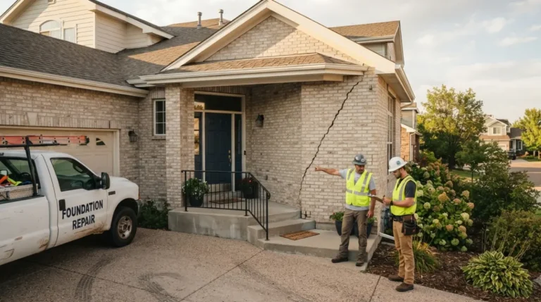 Foundation Repair cost featured image showing a house with a visible foundation crack and a repair crew inspecting the exterior