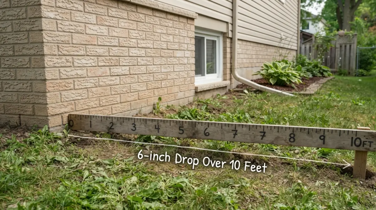 Diagram showing 6-inch drop over 10 feet away from house foundation for proper drainage