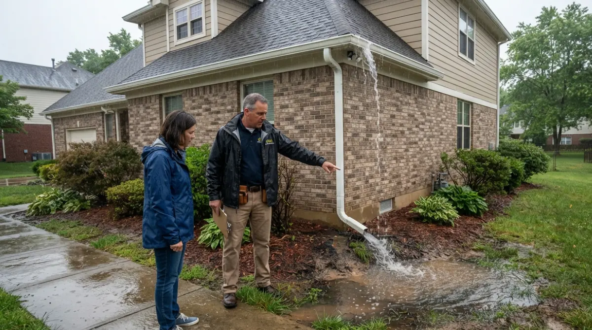 “Homeowner inspecting gutter and grading failures outside house — essential Questions to ask before interior waterproofing”