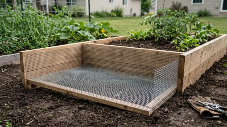 Hardware Cloth installed beneath a raised garden bed as an underground pest barrier