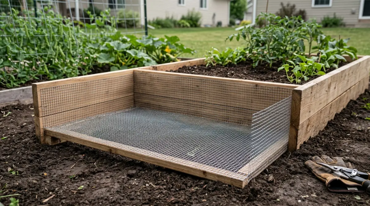 Hardware Cloth installed beneath a raised garden bed as an underground pest barrier