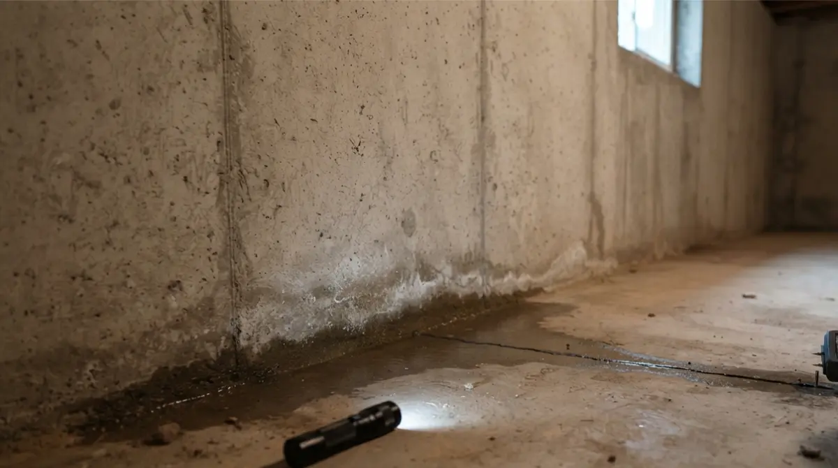 High Water moisture concentrated along a basement floor-wall joint and slab crack