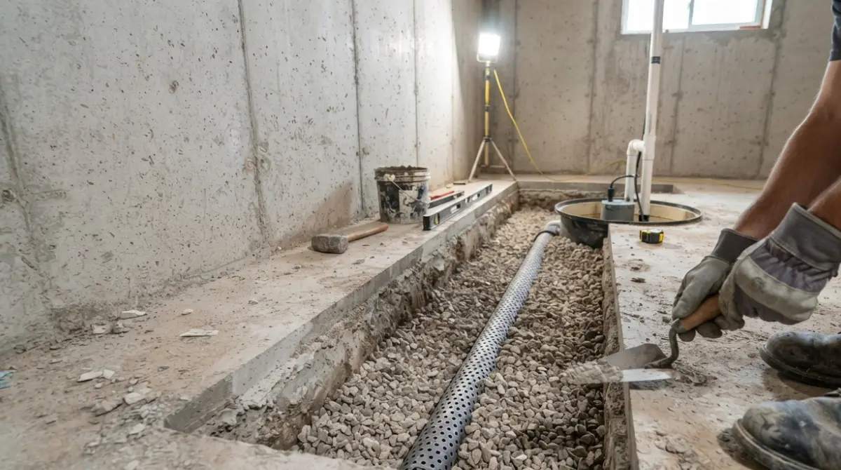 High Water interior drain tile leading to a basement sump pit