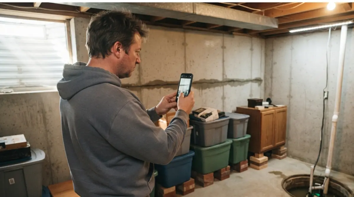 Homeowner photographing water line on basement wall and sump pump during water basement damage documentation before cleanup.