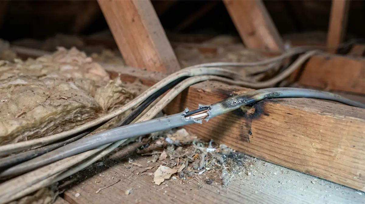 Homeowners facing rodent damage to electrical wiring with localized fire damage in a residential attic