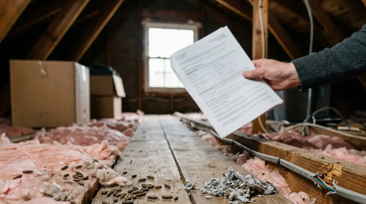 Homeowners dealing with rodent damage in an attic with chewed electrical wiring, nesting material and an insurance policy