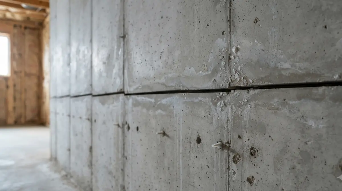 Horizontal foundation cracks in poured concrete basement wall showing inward bowing from lateral soil pressure and water damage