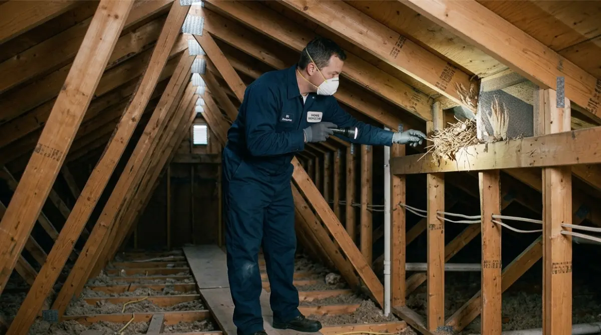House attic inspection before sealing a potential wildlife entry point