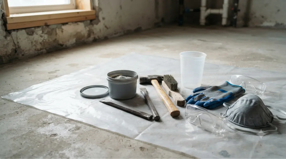 Protective equipment and tools prepared to repair a basement Wall Crack