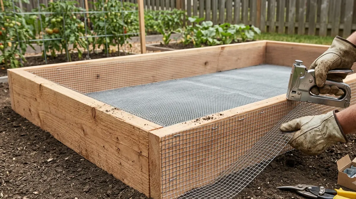 Installing Hardware Cloth under a raised garden bed before adding soil
