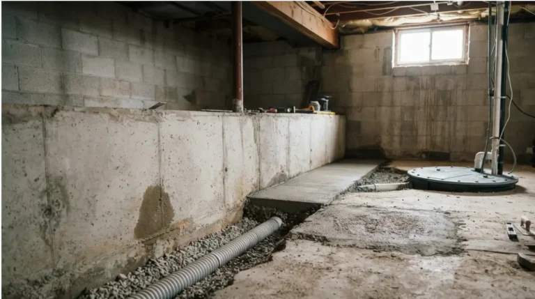 Basement interior drainage channel leading to a covered sump pit.