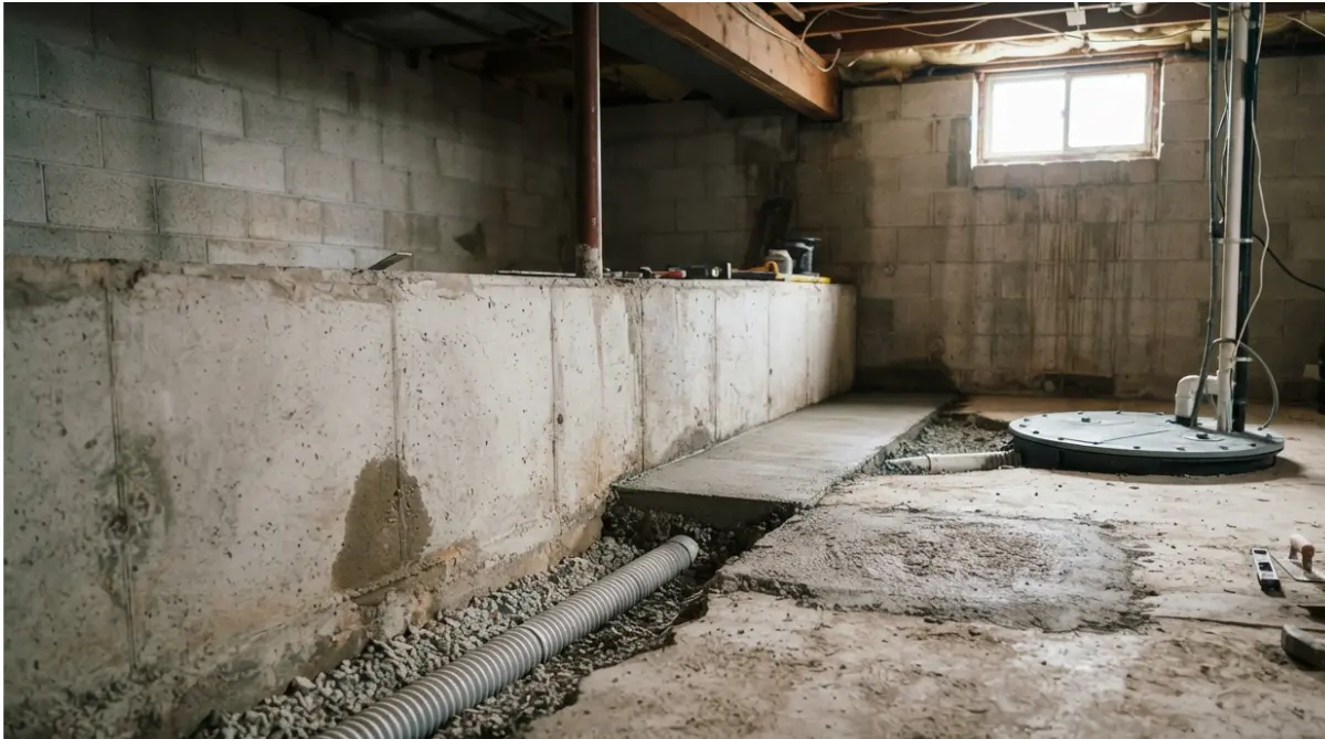 Basement interior drainage channel leading to a covered sump pit.