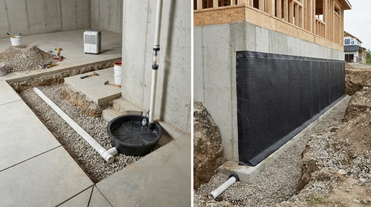 Interior vs Exterior waterproofing systems side by side showing interior drain tile with sump and exterior foundation membrane with drainage board