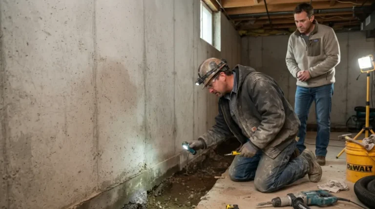Contractor inspecting a damp basement wall-floor joint beside a trench for an interior drain